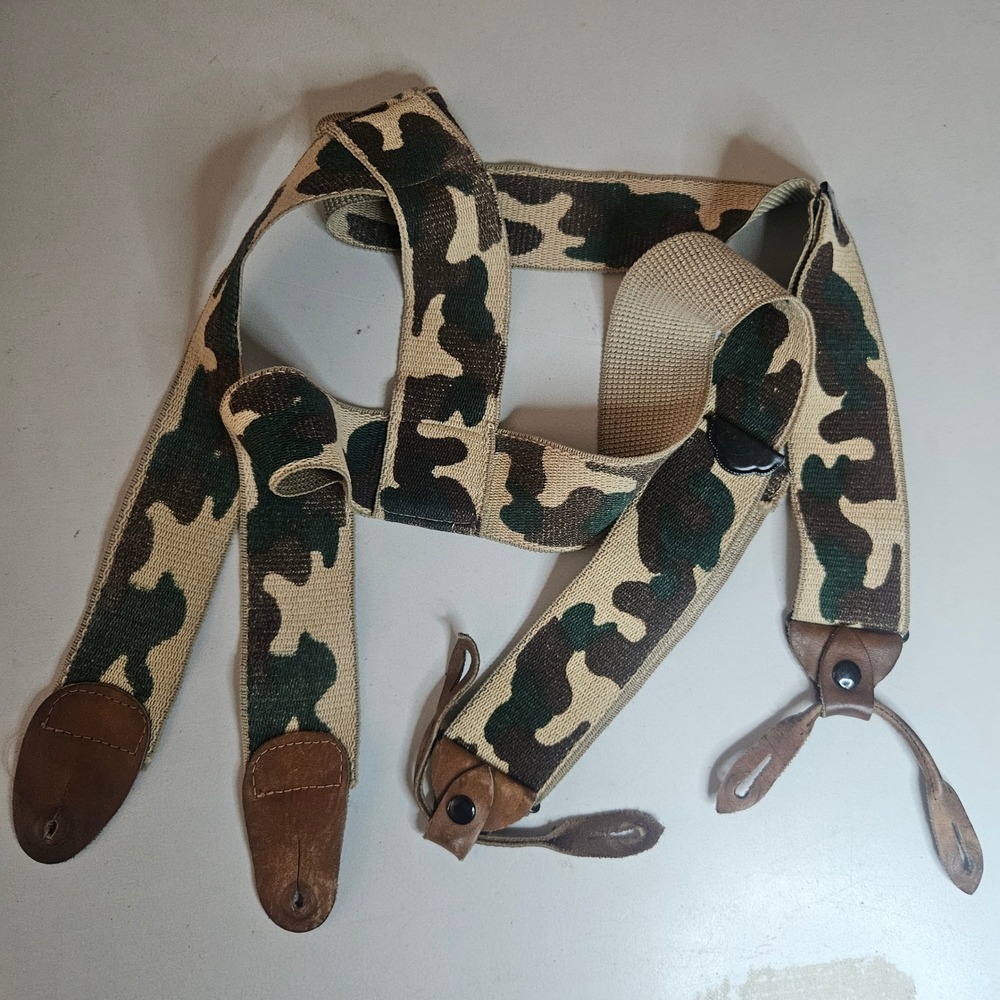 Vintage Camouflage Suspenders Woodland Camo Leather Button Ends Y-Back